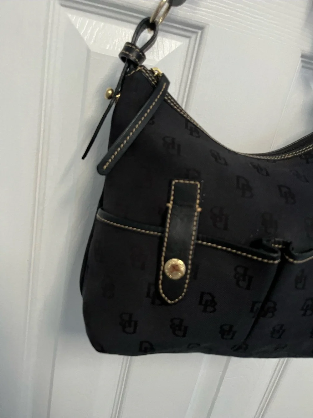 Dooney & Bourke black monogram canvas hobo handbag snap pockets Blue Duck READ